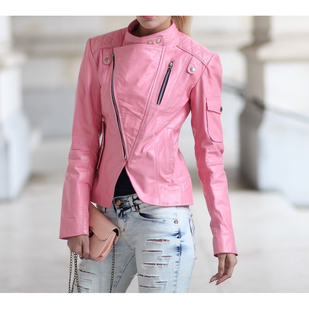 Women Pink Handmade Leather Jacket
